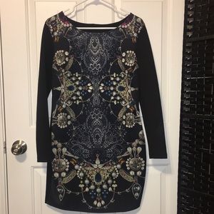 Long Sleeve Jewelry Pattern Front Black Back Dress